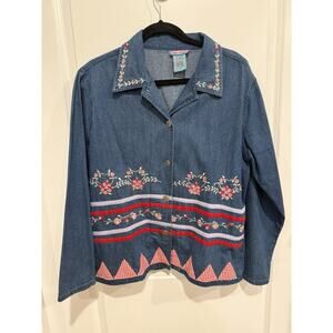 Nectar Floral Embroidered Country Denim LS Button Up Shirt Jacket Sz L VTG Y2K